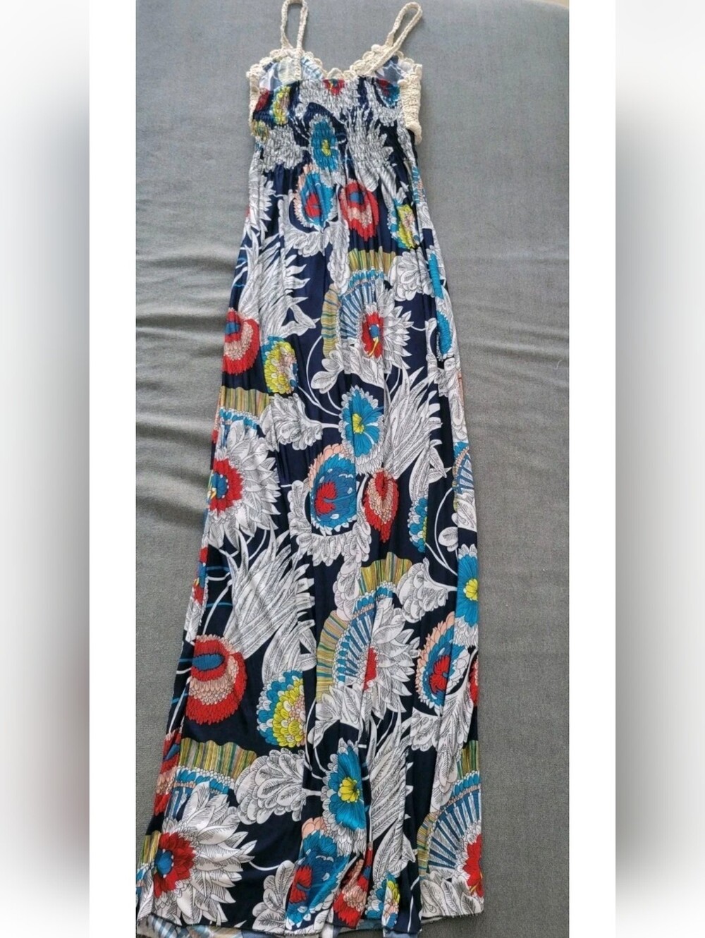 Crochet Maxi Sun Dress Tan Blue Empire Waist Cottagecore Boho Festival Fairy M - Picture 4 of 7